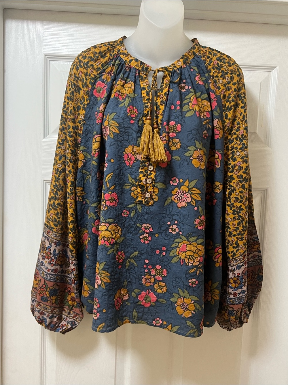 NATURAL LIFE Navy & Mustard Mixed Floral Peasant Blouse with Tassel - Picture 2 of 8